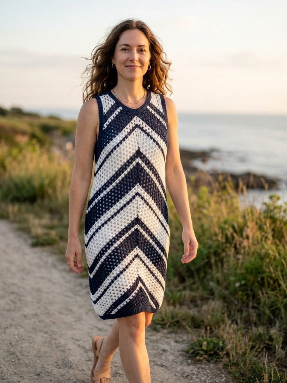 RD Style Navy and White Chevron Crochet Maxi Dress